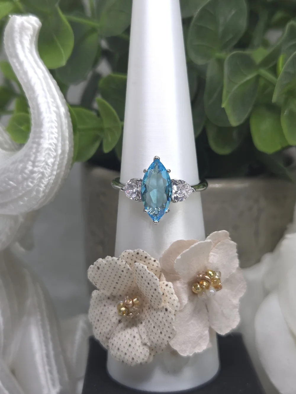 BP Blue Topaz Marquise Crystal Three-Stone Ring